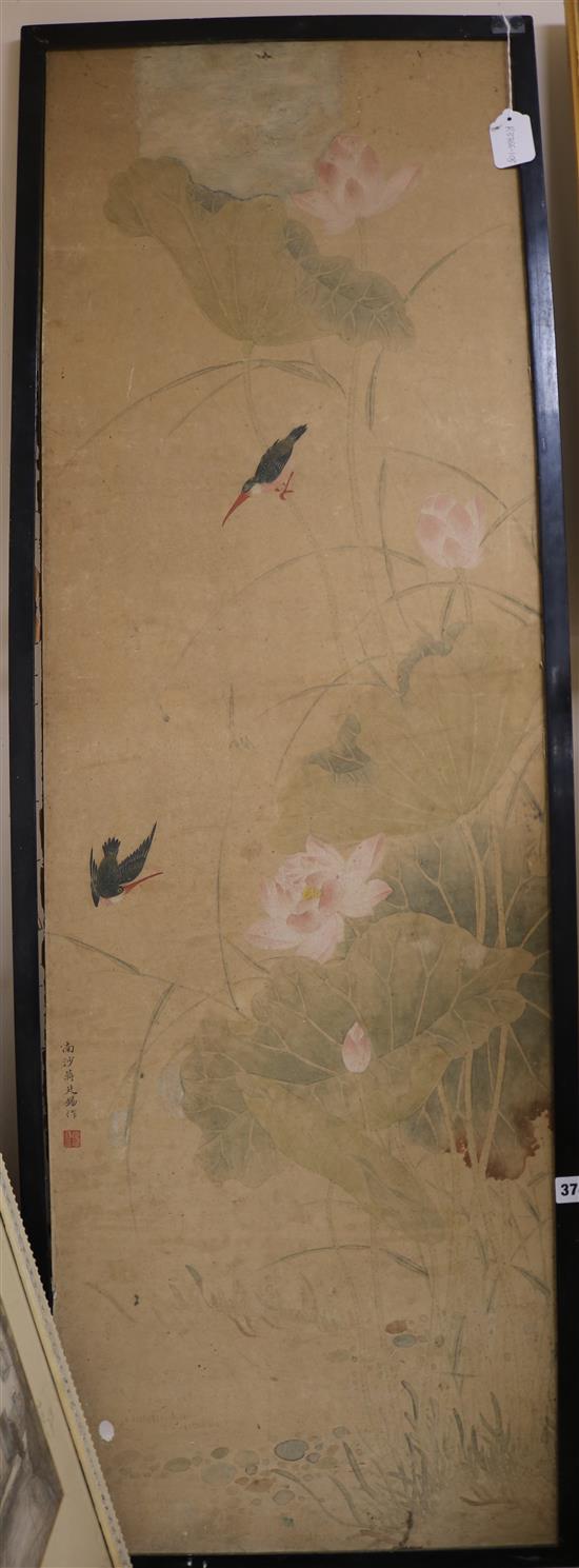 Chinese School Study of birds and lotus flowers 53 x 17in.